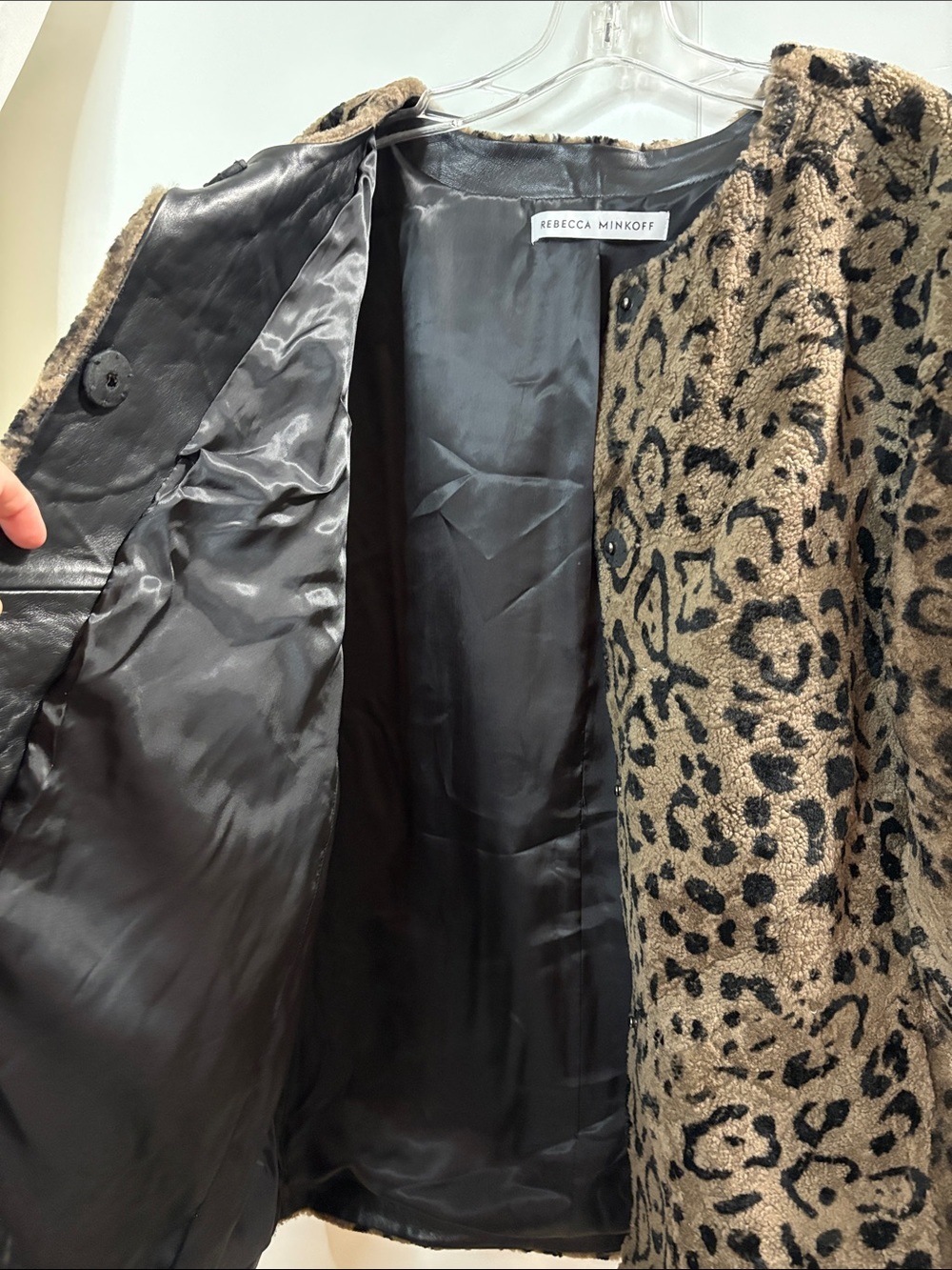 Rebecca Minkoff Brown & Black Leopard Teddy Jacket Leather Trim Snap Closure M/L - Picture 9 of 10